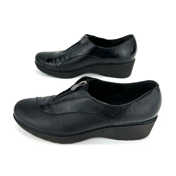 Munro Black Leather Platform Wedges Size 9.5 Zipper Closure Low Top Lightweight - Picture 1 of 16